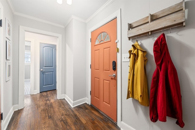 foyer with ornamental molding and dark hardwood / wood-style flooring