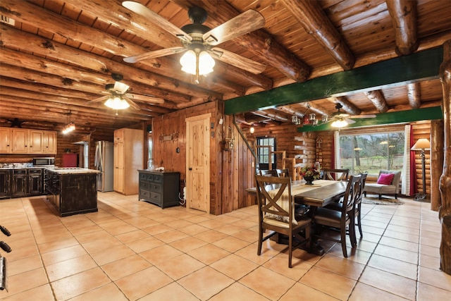 tiled dining area with beam ceiling, ceiling fan, wood ceiling, and wood walls