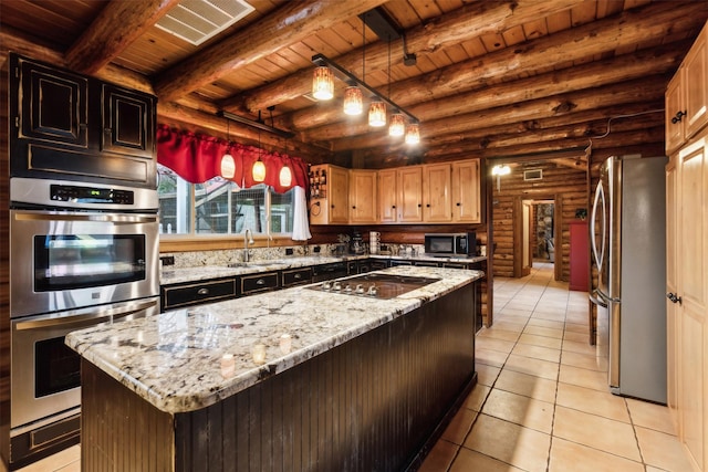 kitchen with pendant lighting, wood ceiling, stainless steel appliances, and a center island