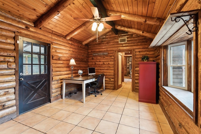 unfurnished office featuring wooden ceiling, a healthy amount of sunlight, lofted ceiling with beams, and light tile patterned floors