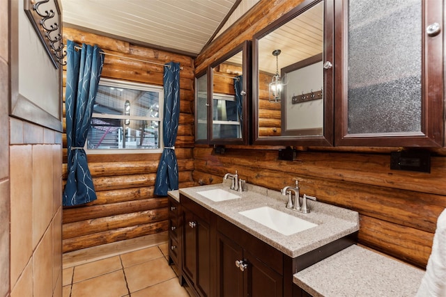 bathroom with vanity, tile patterned floors, and wooden ceiling