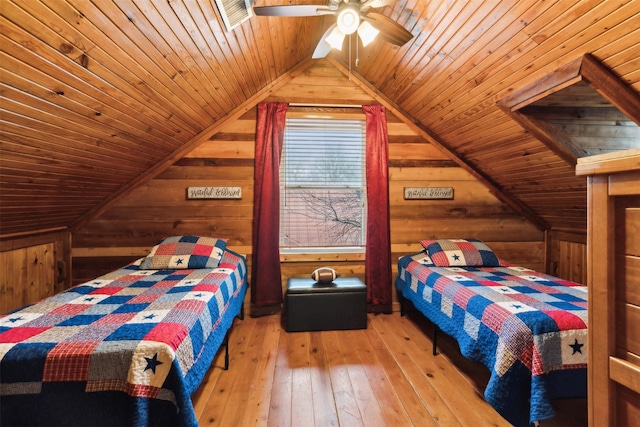 bedroom featuring lofted ceiling, wooden ceiling, wooden walls, and light hardwood / wood-style floors