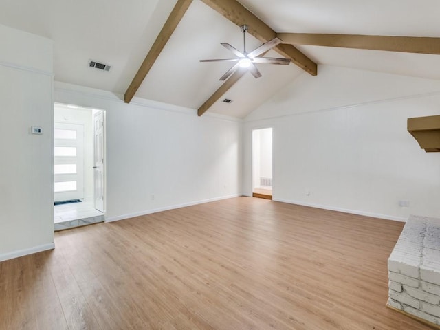 unfurnished living room featuring light hardwood / wood-style flooring, lofted ceiling with beams, and ceiling fan