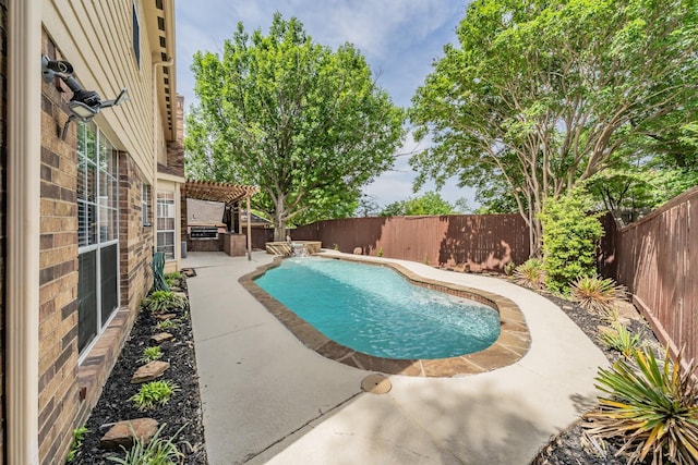 view of swimming pool with a fenced in pool, a patio, a pergola, and a fenced backyard