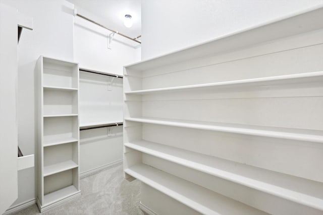 walk in closet featuring light colored carpet