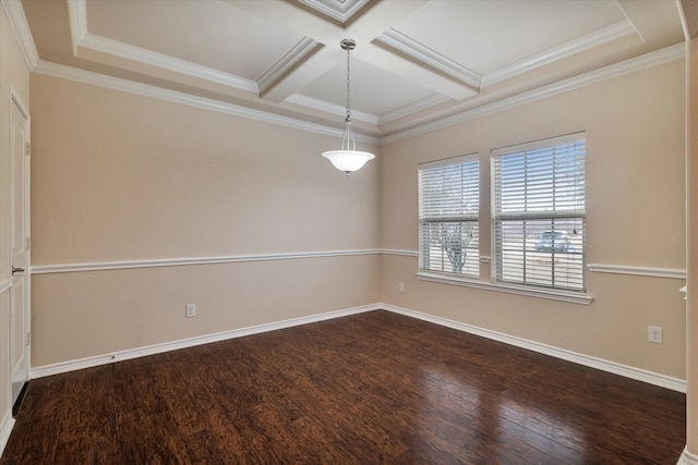 unfurnished room with beamed ceiling, wood-type flooring, coffered ceiling, and ornamental molding