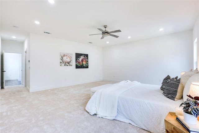 carpeted bedroom featuring ceiling fan