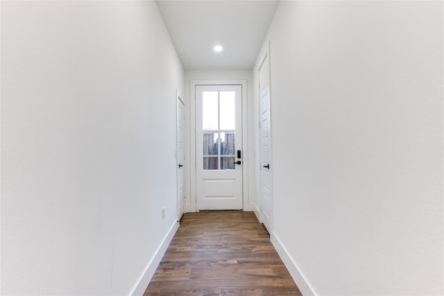 doorway with dark hardwood / wood-style floors