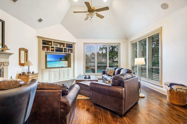 living room with ceiling fan, dark wood-type flooring, and vaulted ceiling