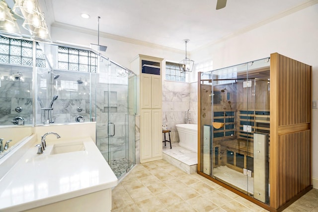 bathroom with vanity, crown molding, and plus walk in shower