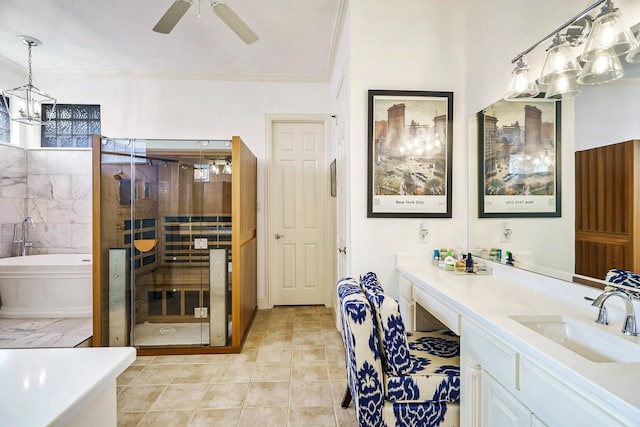 bathroom with plus walk in shower, ceiling fan, tile patterned floors, ornamental molding, and vanity