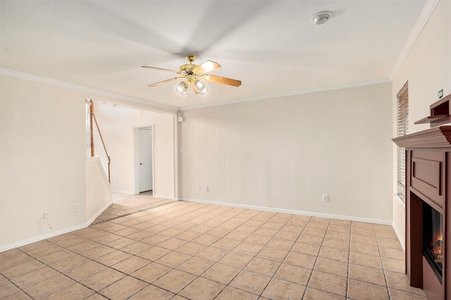 unfurnished living room with crown molding, light tile patterned floors, a textured ceiling, and ceiling fan