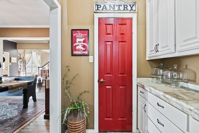 interior space with white cabinetry, wood-type flooring, and light stone counters