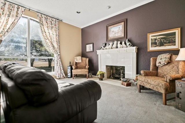 carpeted living room featuring ornamental molding and a tile fireplace