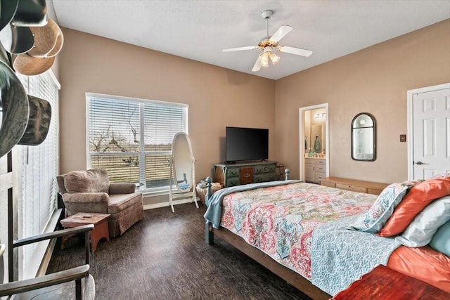 bedroom featuring ceiling fan and dark hardwood / wood-style floors