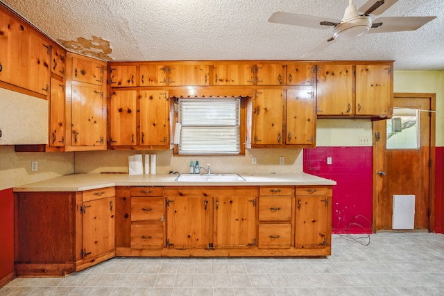 kitchen featuring ceiling fan, sink, and a textured ceiling