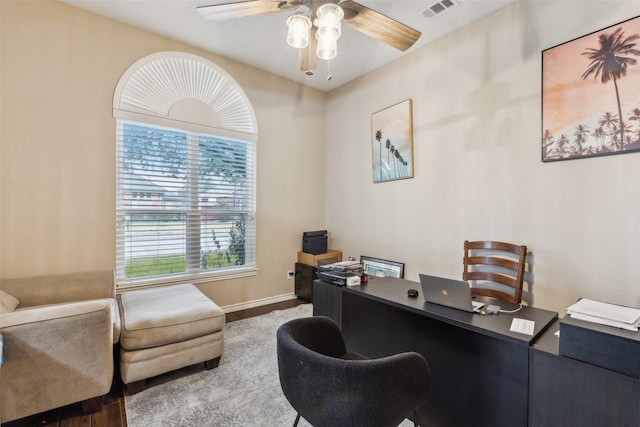 office area with ceiling fan