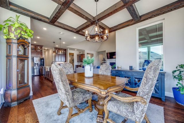 dining room featuring a chandelier, coffered ceiling, dark hardwood / wood-style flooring, and beamed ceiling