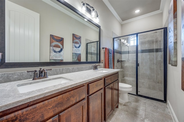 bathroom featuring a shower with door, ornamental molding, tile patterned flooring, and vanity