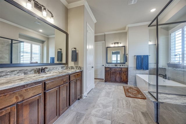 bathroom with independent shower and bath, vanity, and ornamental molding