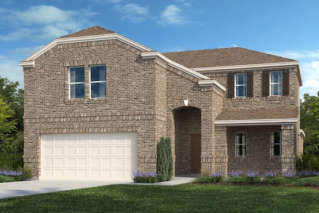 view of front property featuring a garage and a front lawn