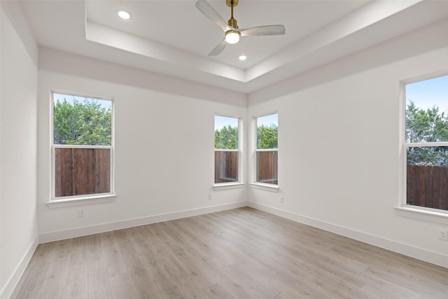 unfurnished room featuring a healthy amount of sunlight, light hardwood / wood-style flooring, and a tray ceiling