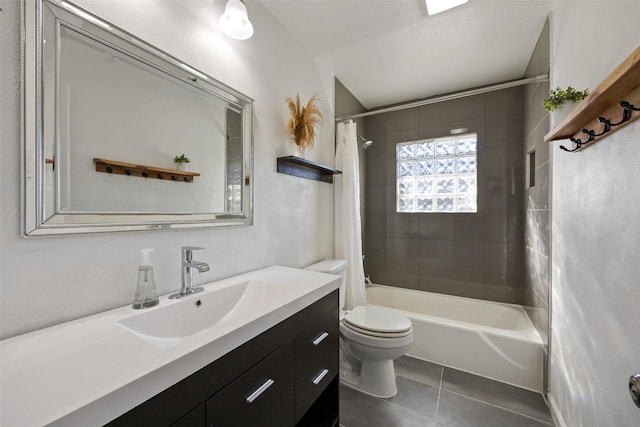 full bathroom with tile patterned flooring, vanity, toilet, and shower / bathtub combination with curtain