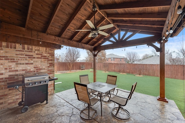 view of patio / terrace with a gazebo, a grill, and ceiling fan