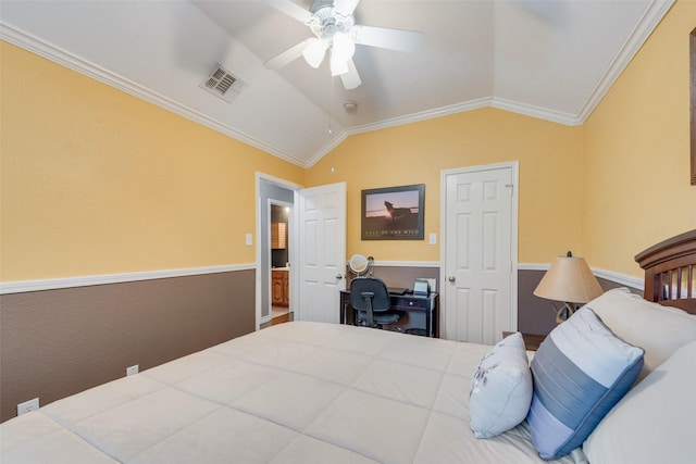 bedroom with crown molding, lofted ceiling, and ceiling fan