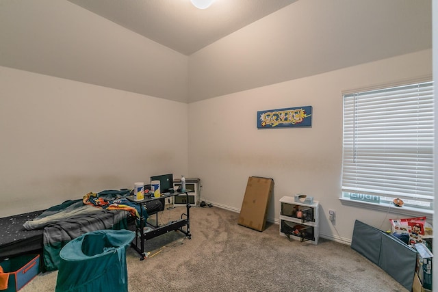 carpeted bedroom with vaulted ceiling