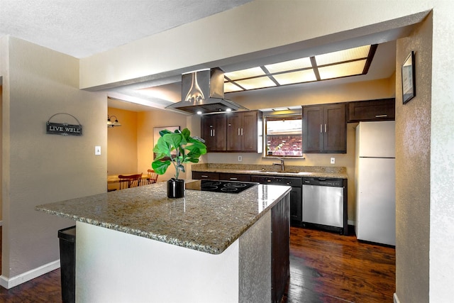 kitchen featuring sink, island range hood, dark brown cabinets, white refrigerator, and stainless steel dishwasher