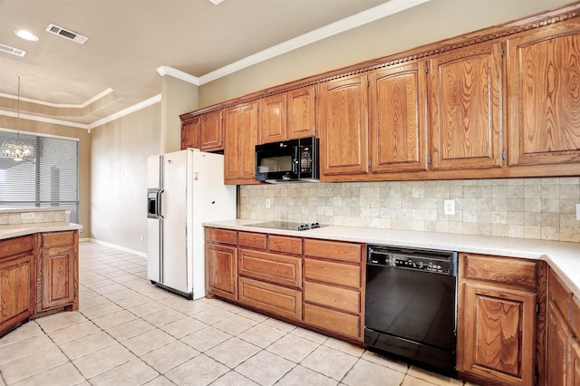 kitchen featuring an inviting chandelier, tasteful backsplash, ornamental molding, black appliances, and light tile patterned flooring