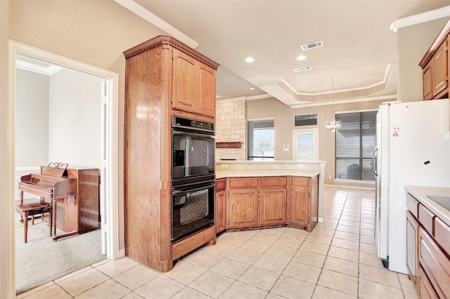 kitchen featuring light tile patterned floors, double oven, white refrigerator, ornamental molding, and kitchen peninsula