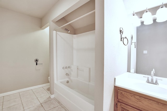 full bathroom featuring vaulted ceiling, shower / tub combination, vanity, toilet, and tile patterned floors