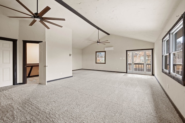 unfurnished living room featuring ceiling fan, high vaulted ceiling, light colored carpet, and beam ceiling