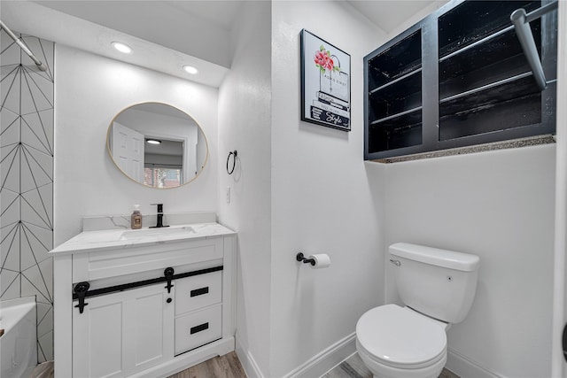 bathroom featuring hardwood / wood-style flooring, vanity, and toilet