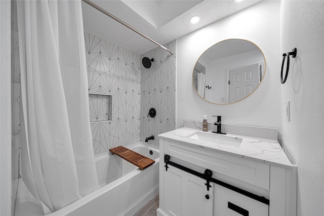 bathroom with vanity and shower / bathtub combination with curtain