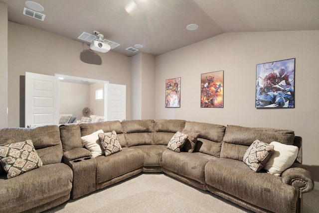 carpeted living room featuring lofted ceiling and visible vents