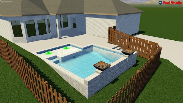 view of pool with a jacuzzi, a patio, a fenced backyard, and a yard