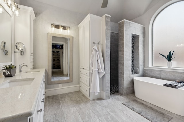 bathroom featuring vanity and independent shower and bath