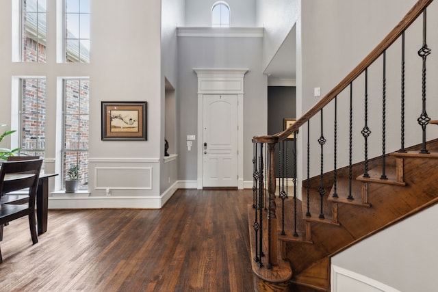 foyer entrance featuring a high ceiling, a healthy amount of sunlight, and dark hardwood / wood-style flooring