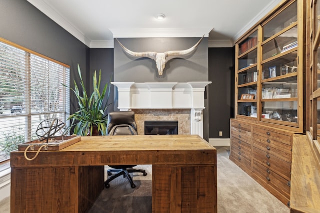 carpeted office space featuring ornamental molding