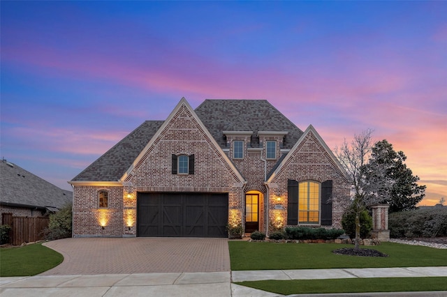 view of front of house featuring a front yard, fence, decorative driveway, and brick siding