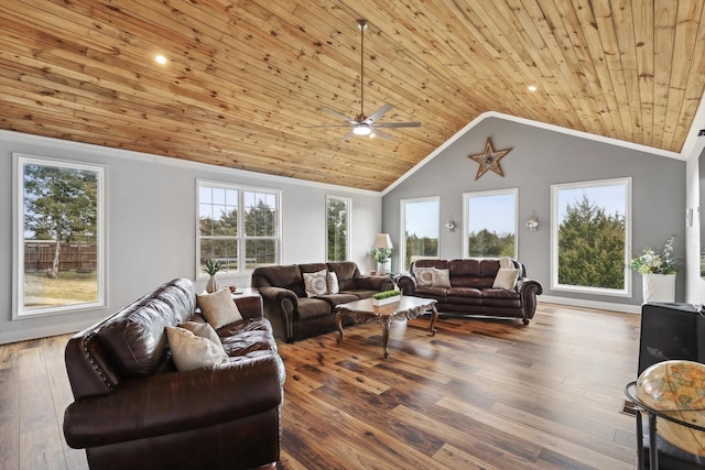 living room with ornamental molding, vaulted ceiling, wooden ceiling, and wood-type flooring