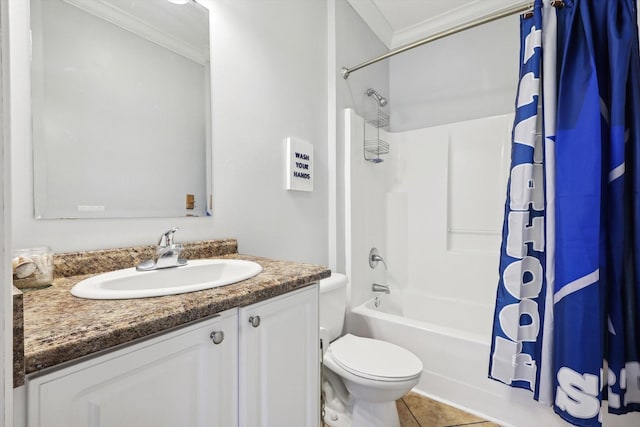 full bathroom with crown molding, tile patterned flooring, vanity, toilet, and shower / bath combo with shower curtain