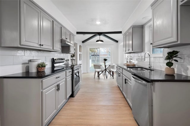 kitchen featuring stainless steel appliances, sink, gray cabinetry, a healthy amount of sunlight, and light hardwood / wood-style floors