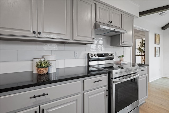 kitchen featuring gray cabinetry, stainless steel range with electric cooktop, light hardwood / wood-style floors, and decorative backsplash