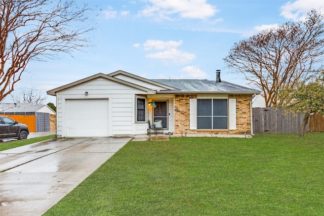 single story home with a garage and a front lawn