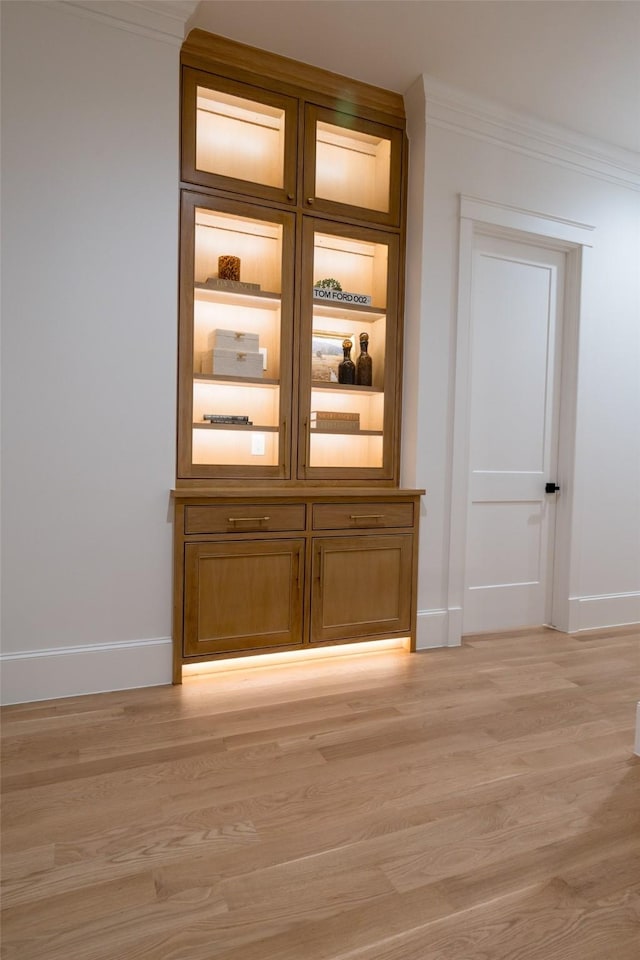 interior space featuring wood-type flooring and crown molding