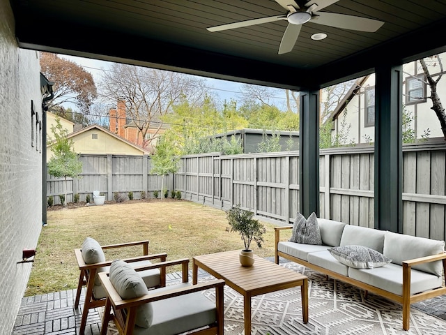 view of patio with an outdoor hangout area and ceiling fan